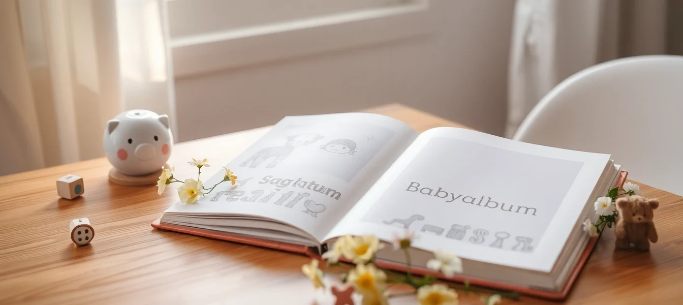 Babyalbum offen auf einem Tisch, umgeben von Spielzeug und Erinnerungen.