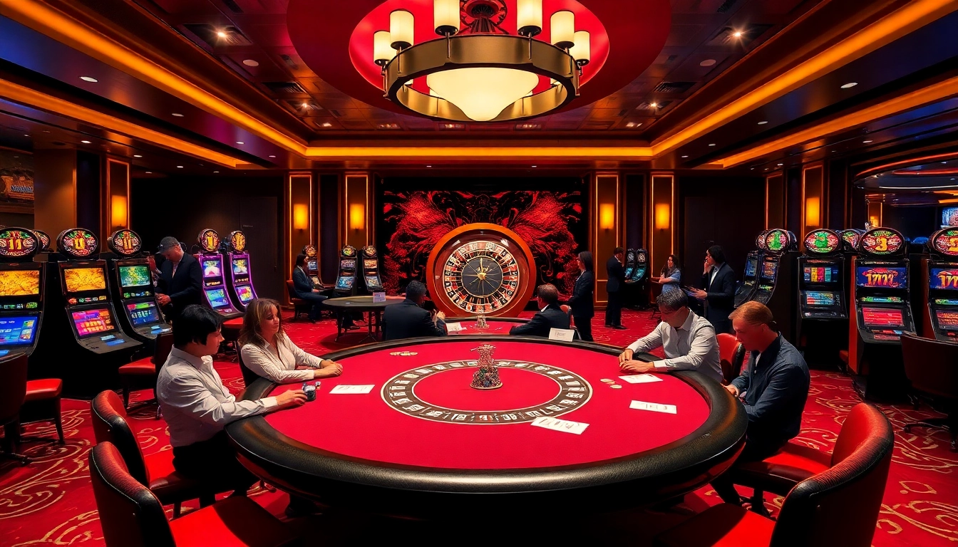 Experience thrilling gameplay at HM88, showcasing a sophisticated casino table with vibrant poker chips and roulette wheels.