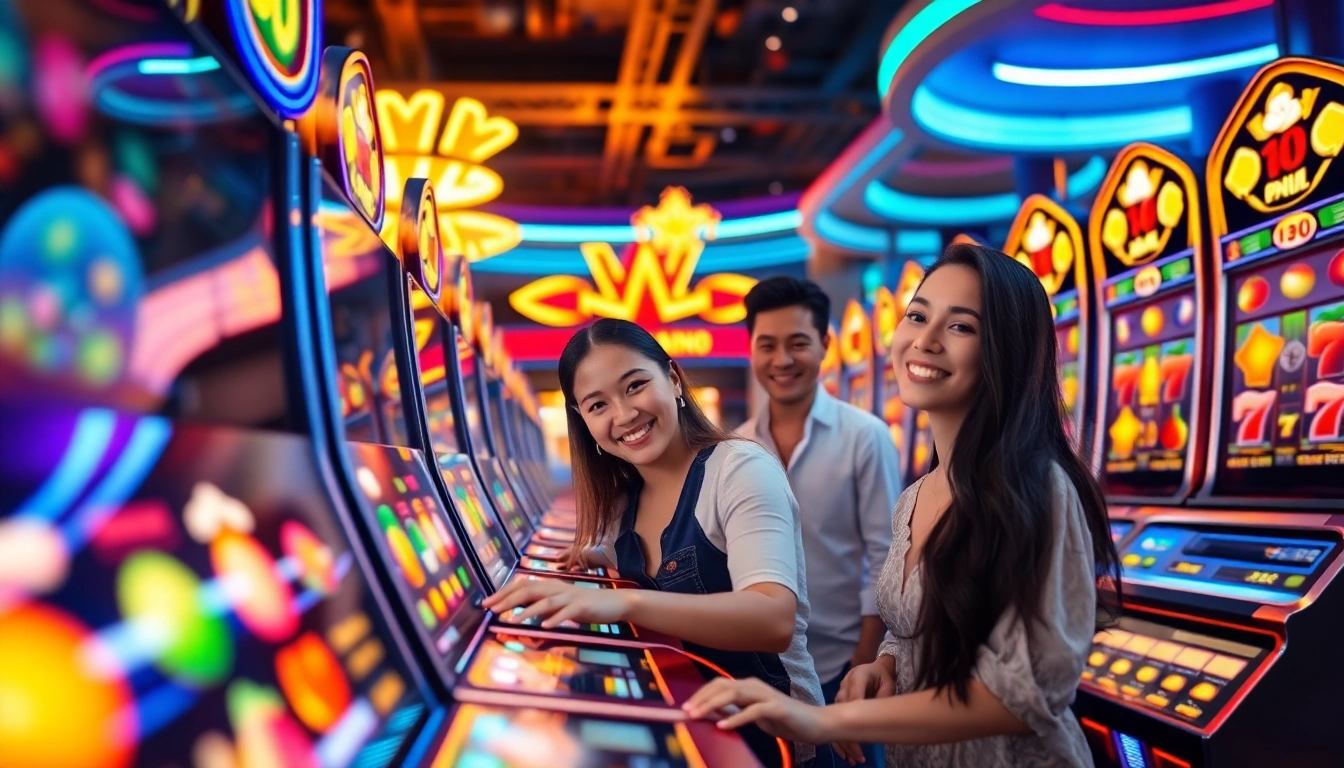 Nổ hũ abc8 vibrant casino atmosphere showcasing excited players and colorful slot machines.