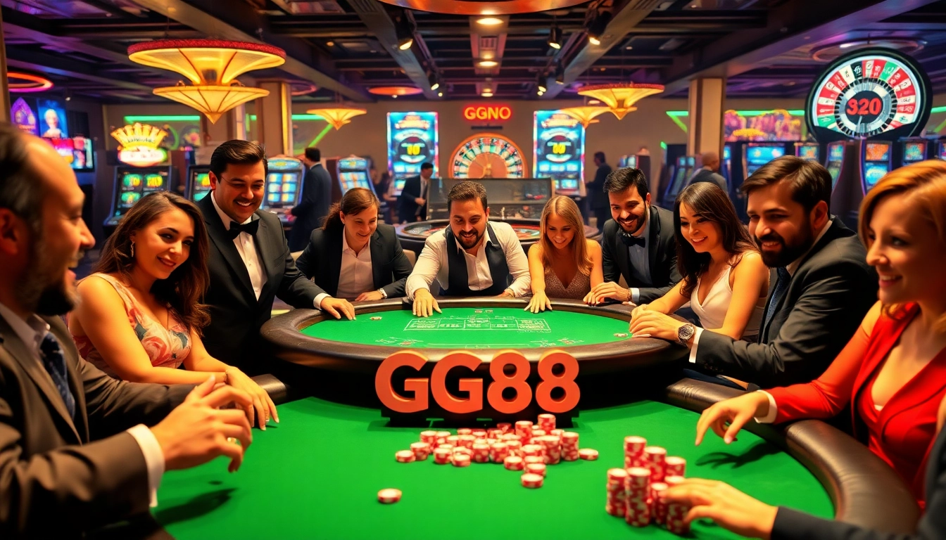 Players enjoying poker at GG88 casino, surrounded by vibrant slot machines and roulette.