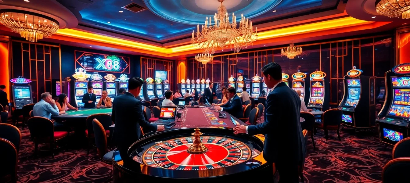 X88 casino scene featuring roulette, poker games, and vibrant slot machines.