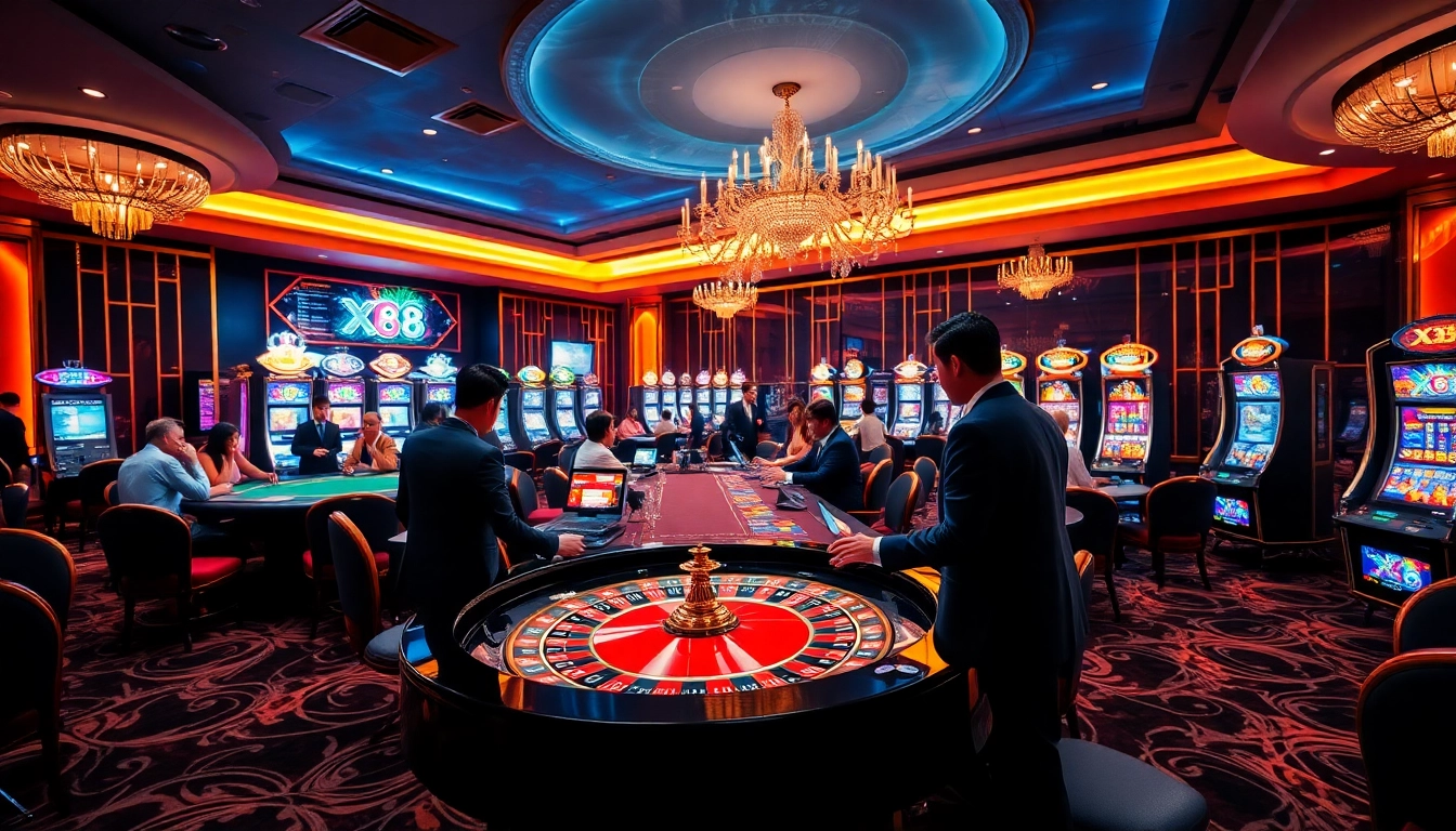 X88 casino scene featuring roulette, poker games, and vibrant slot machines.