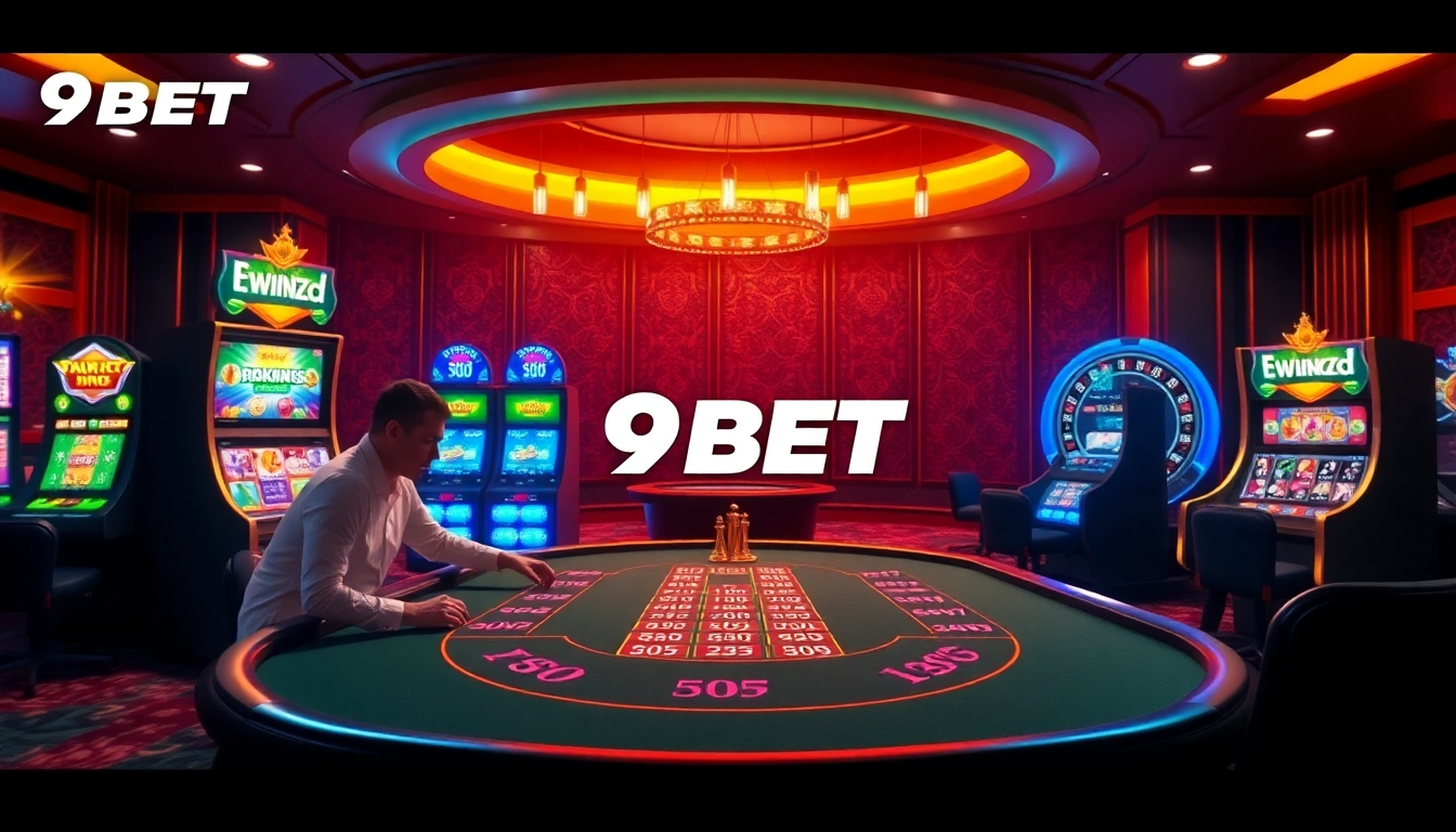 Players strategizing at a poker table in a vibrant 9BET online casino setting.