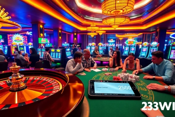 Engage in thrilling gameplay with 23WIN at a vibrant casino featuring roulette and poker tables.