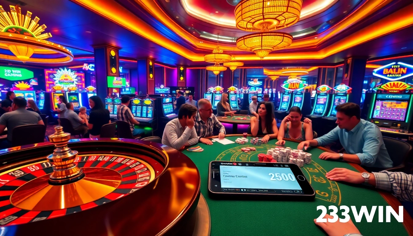 Engage in thrilling gameplay with 23WIN at a vibrant casino featuring roulette and poker tables.