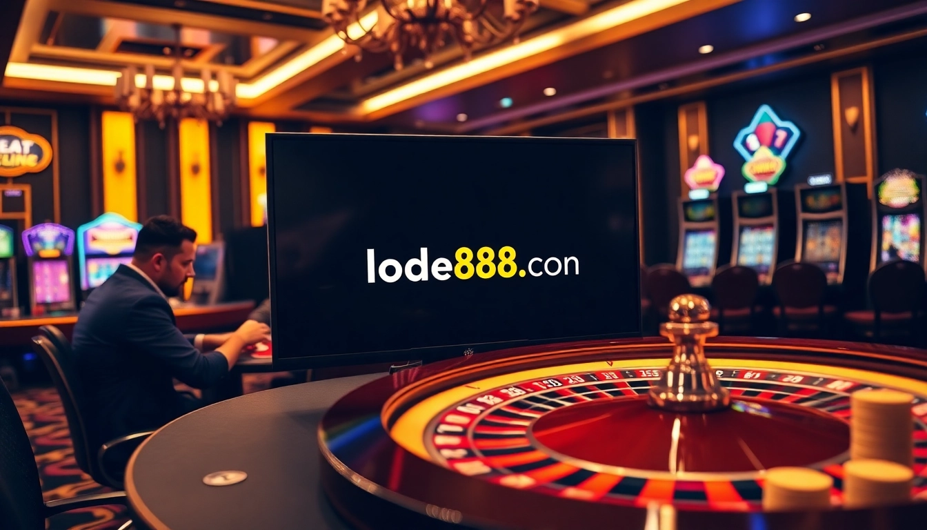 Engage with thrilling games at https://lode88uk.com/ featuring a vibrant roulette wheel and poker table.