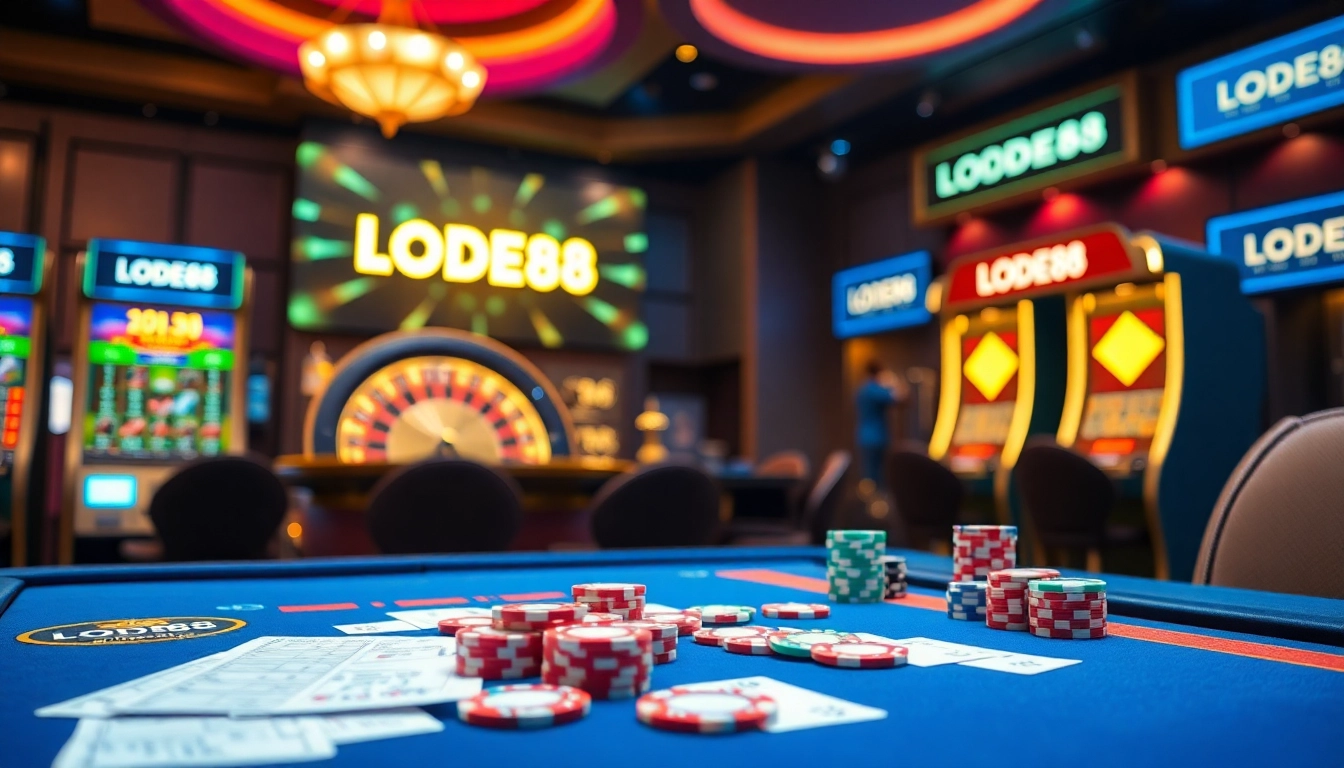 LODE88 players engaging in exciting online casino games at a vibrant gambling table.