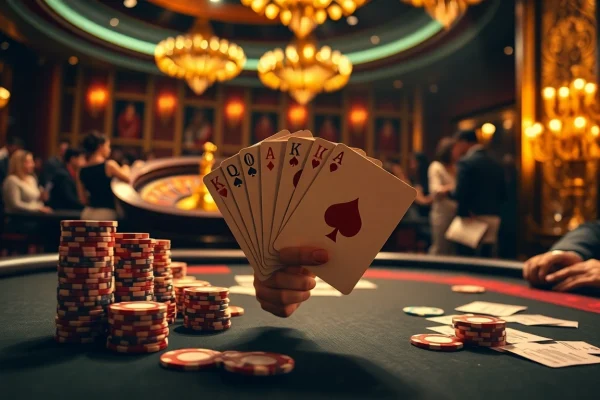 A high-stakes poker game at 888new.com, featuring a player with a royal flush and vibrant casino ambiance.