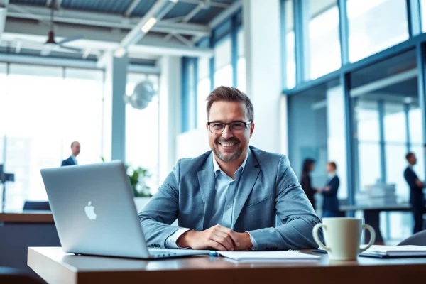 Headhunter IT berät Kunden in modernem Büro mit Laptop und Notizblock.