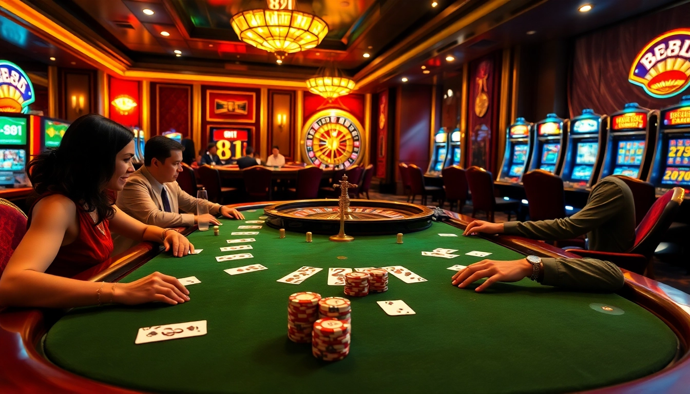 Engaged players at the luxurious casino featuring 88i poker tables and vibrant slot machines.