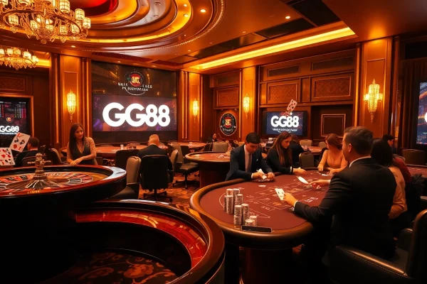 Exciting casino scene featuring GG88 branding, roulette wheel, and engaging players.