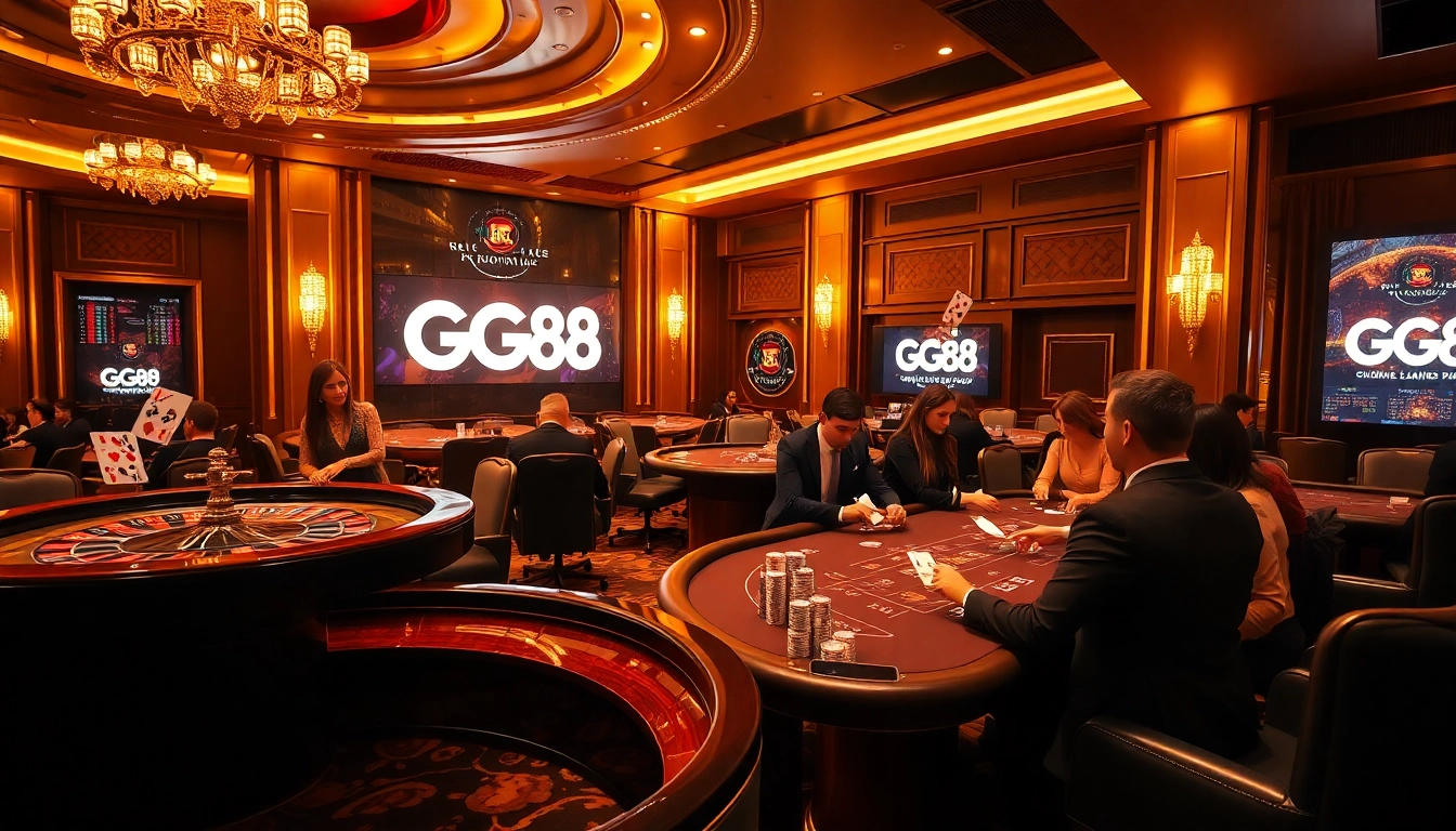 Exciting casino scene featuring GG88 branding, roulette wheel, and engaging players.