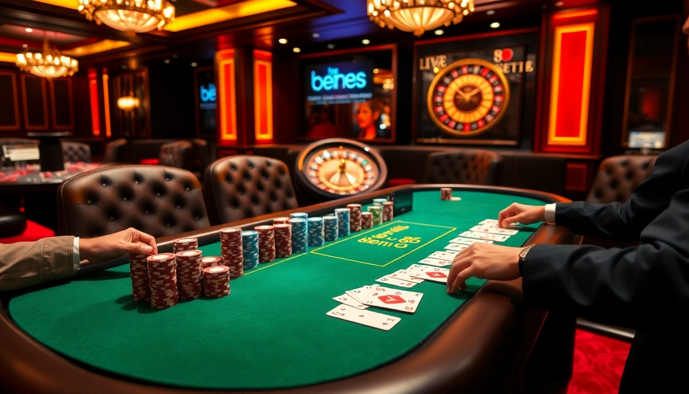 Experience the thrill of bem88 poker with players engaging around a luxurious table filled with chips and cards.