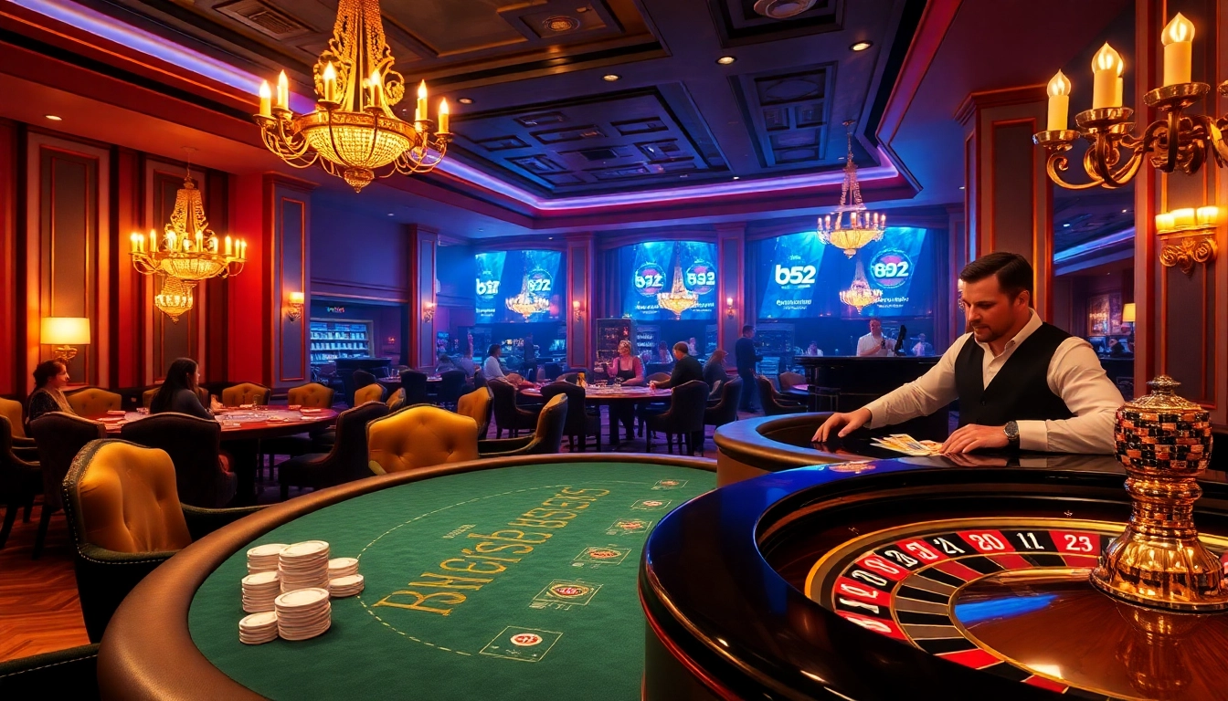 A b52-themed luxury casino setting showcasing an exciting poker game and roulette wheel.