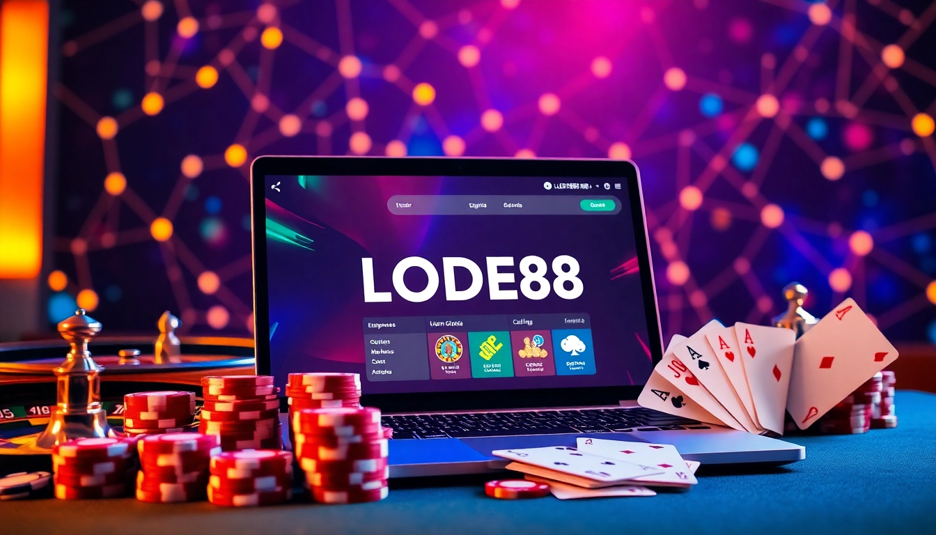 LODE88 online casino interface with poker chips and roulette wheel in a vibrant setting