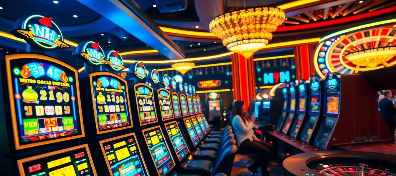 Engaging scene of players spinning nổ hũ slot machines in a luxurious casino atmosphere.
