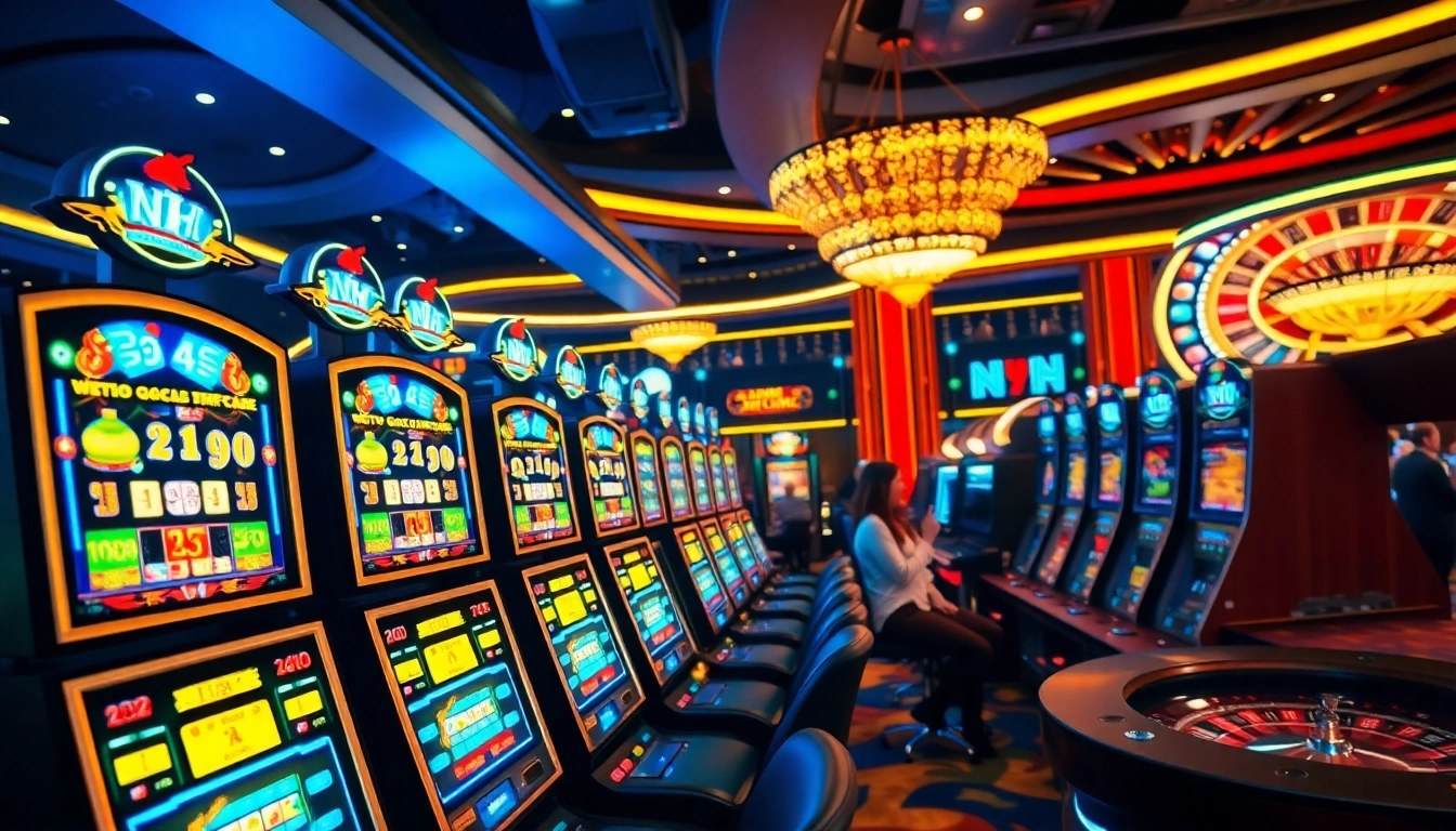 Engaging scene of players spinning nổ hũ slot machines in a luxurious casino atmosphere.