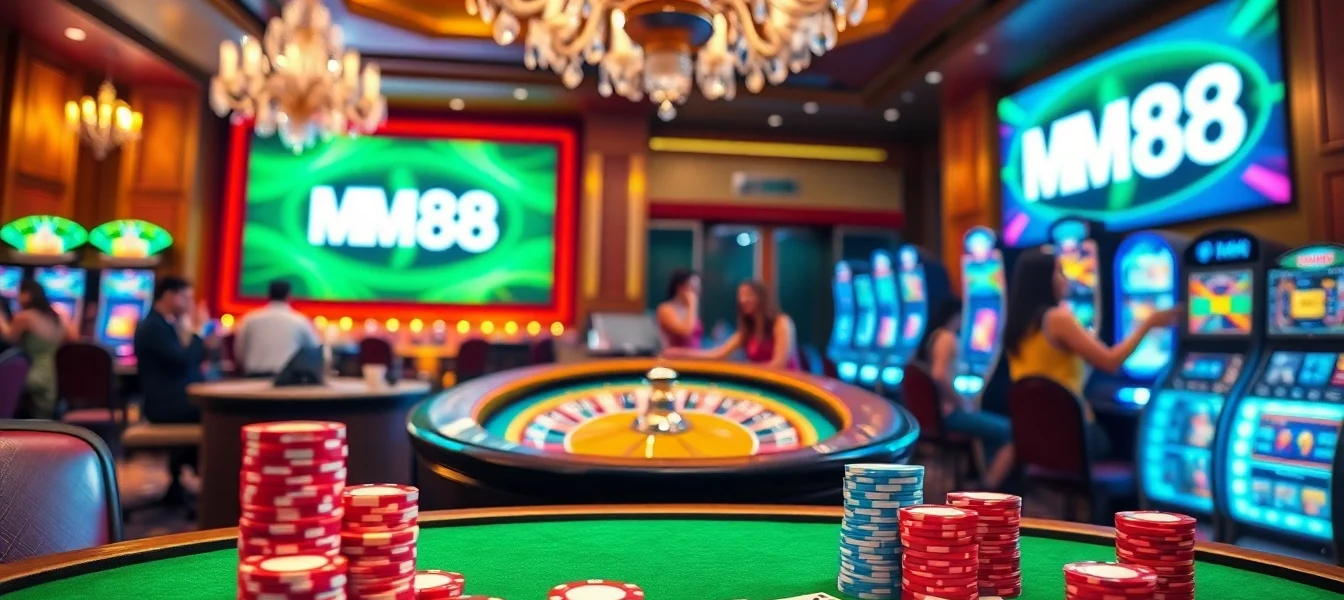 MM88 showcases an engaging casino atmosphere with poker chips, roulette wheel, and excited players.