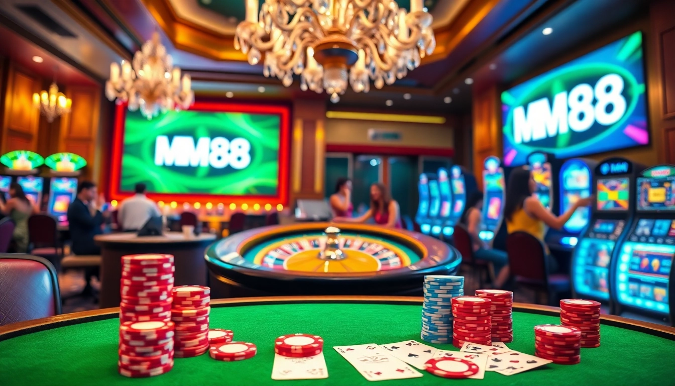 MM88 showcases an engaging casino atmosphere with poker chips, roulette wheel, and excited players.