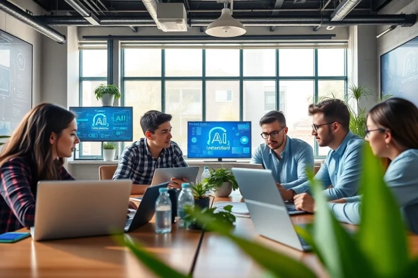 Collaborative tech workspace showcasing 18+ ai innovation and professionals engaging with AI applications.