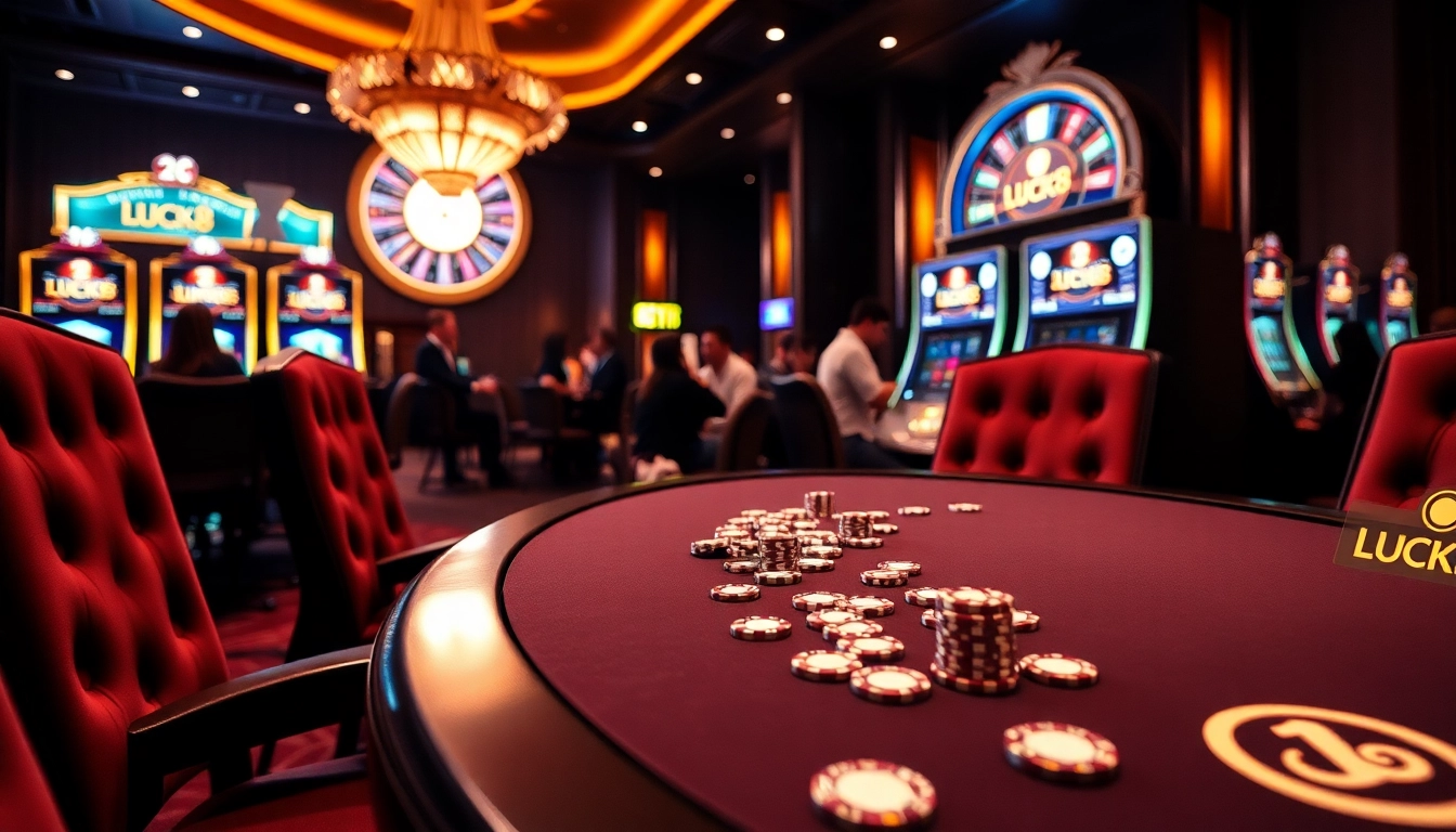 Trải nghiệm sự phấn khích của trò chơi LUCK8 tại một casino sôi động với bàn poker và máy đánh bạc.