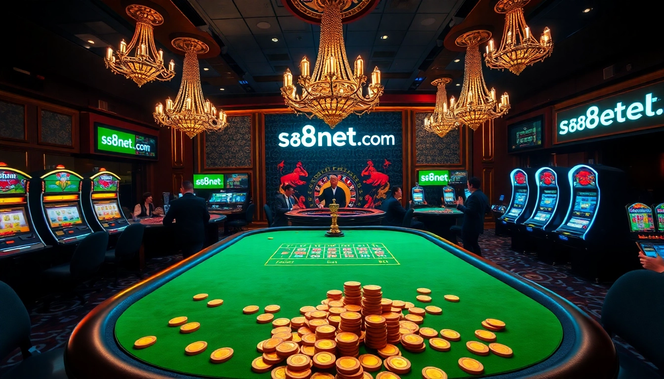 Players engaging in high-stakes poker at s8net.com, surrounded by slot machines and colorful chips.