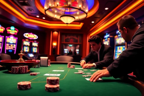Experience the thrilling atmosphere of CM88 with players engaging at a luxurious poker table in a vibrant casino.