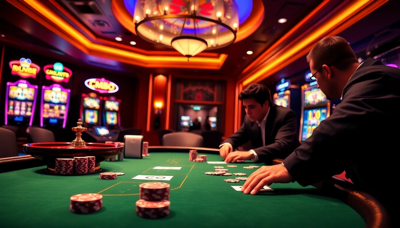 Experience the thrilling atmosphere of CM88 with players engaging at a luxurious poker table in a vibrant casino.