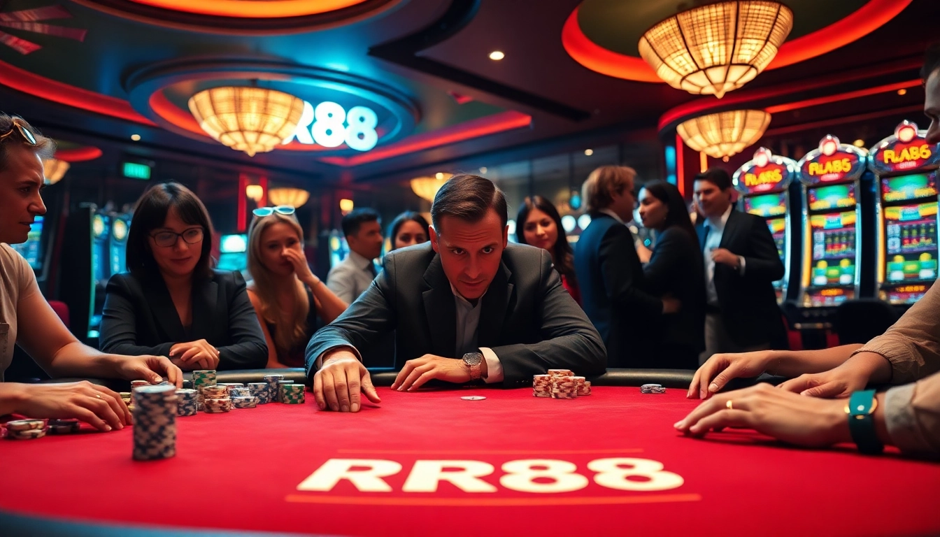 Excited players at a luxurious RR88 casino poker table, showcasing high-stakes gambling action.
