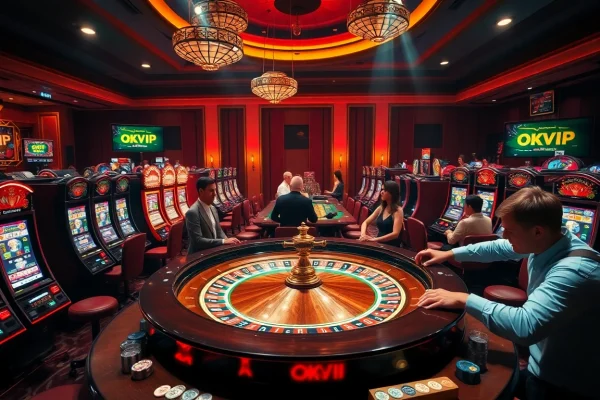 Experience high-stakes action at OKVIP with elegant casino visuals showcasing roulette and poker.