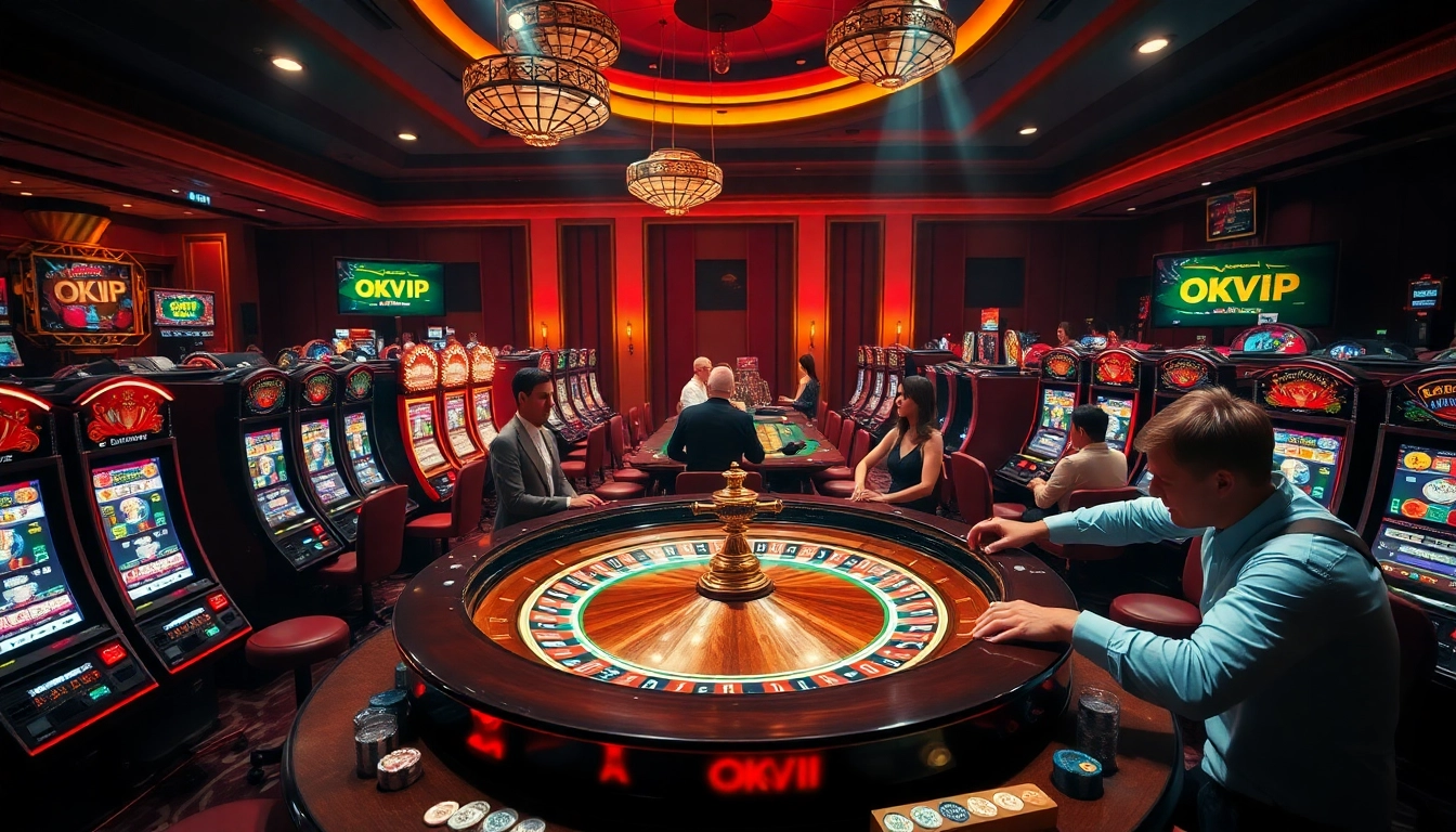 Experience high-stakes action at OKVIP with elegant casino visuals showcasing roulette and poker.