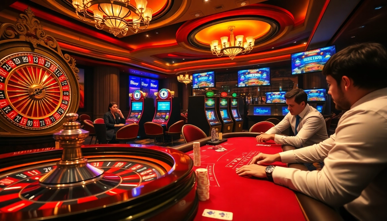 Engage in thrilling gameplay at https://luck8.plus/ with a vibrant casino atmosphere featuring roulette and poker tables.