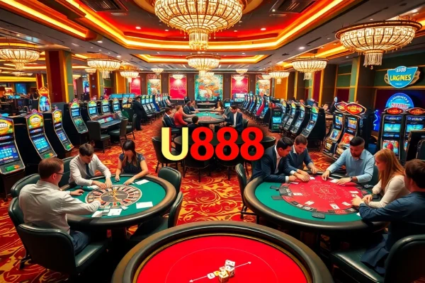 A thrilling casino scene highlighting U888, with players enjoying poker and slots in a luxurious setting.