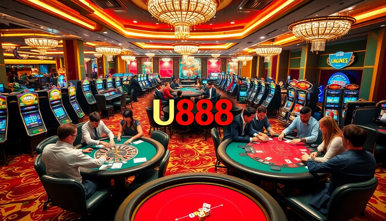 A thrilling casino scene highlighting U888, with players enjoying poker and slots in a luxurious setting.