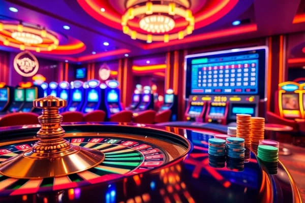 Sổ mơ 28bet illuminates a vibrant casino scene with a roulette wheel, betting slips, and poker chips.