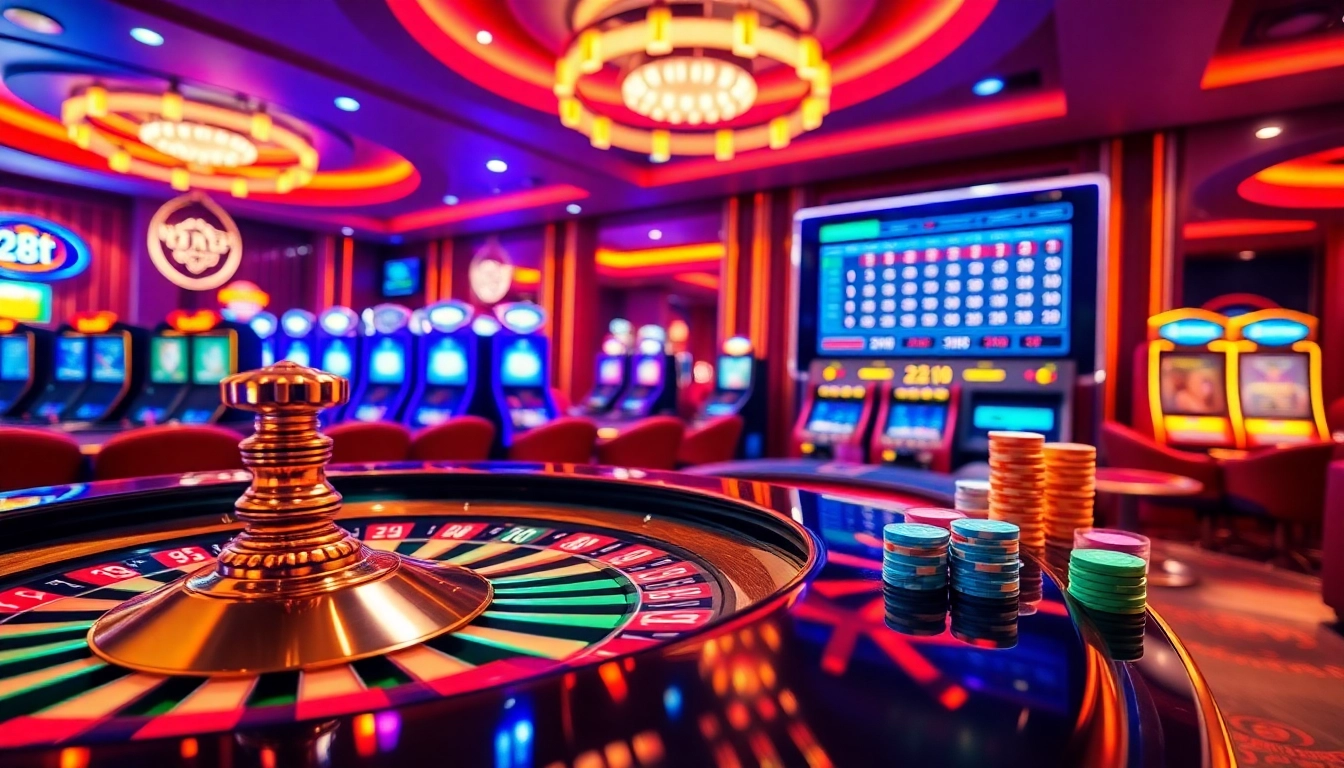 Sổ mơ 28bet illuminates a vibrant casino scene with a roulette wheel, betting slips, and poker chips.