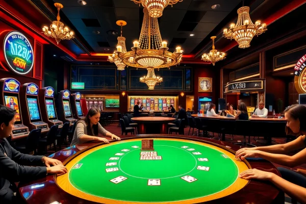 Experience an exciting gambling atmosphere at AZ88 casino with poker tables, slot machines, and vibrant cocktails.