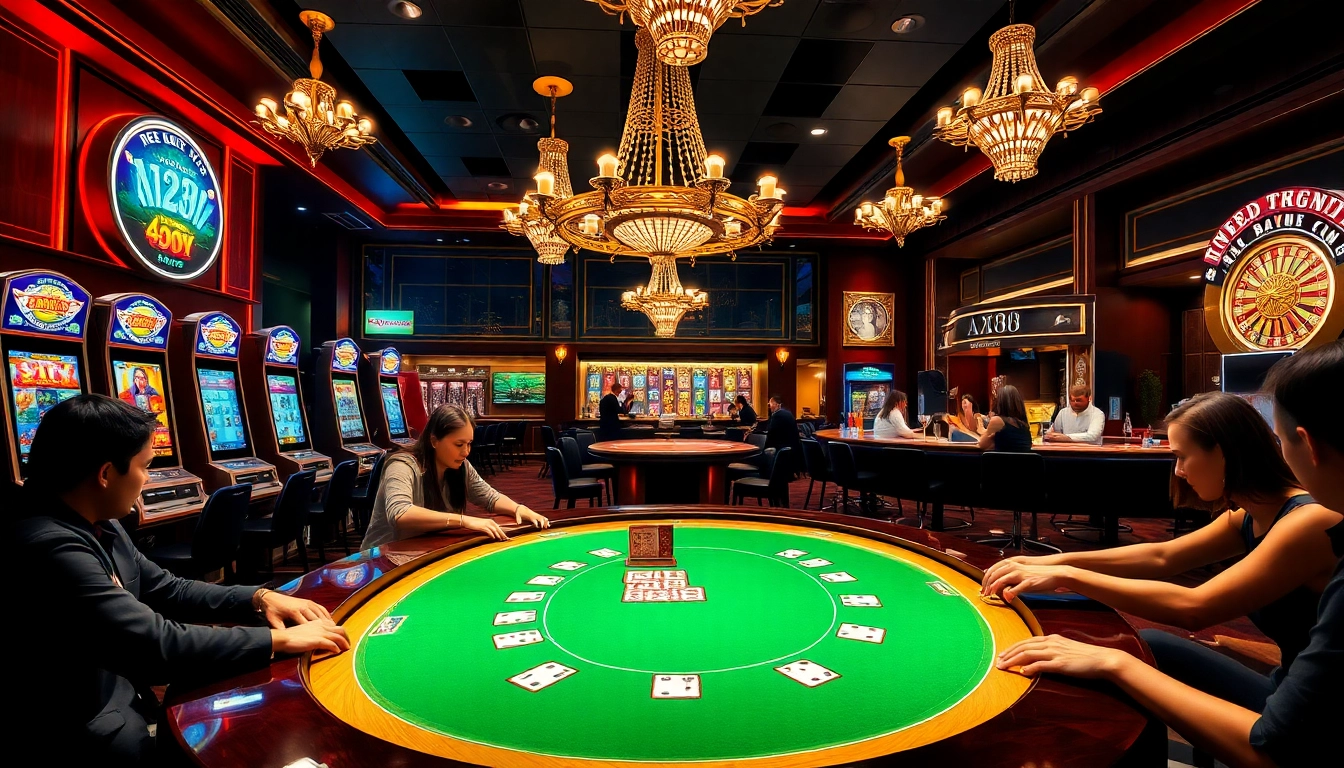 Experience an exciting gambling atmosphere at AZ88 casino with poker tables, slot machines, and vibrant cocktails.