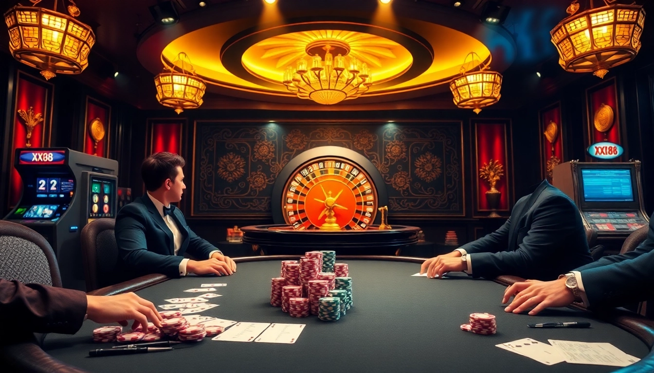 High-stakes action at a poker table featuring XX88 betting slips and vibrant chips.