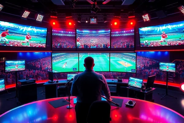 Engaging scene of sports broadcasting studio with presenter and screens displaying live Sports Broadcasting.