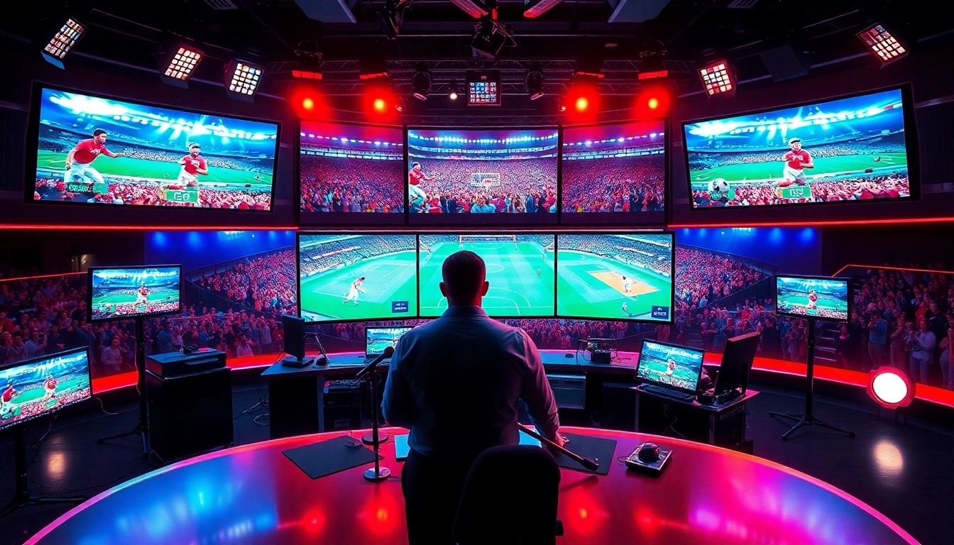 Engaging scene of sports broadcasting studio with presenter and screens displaying live Sports Broadcasting.