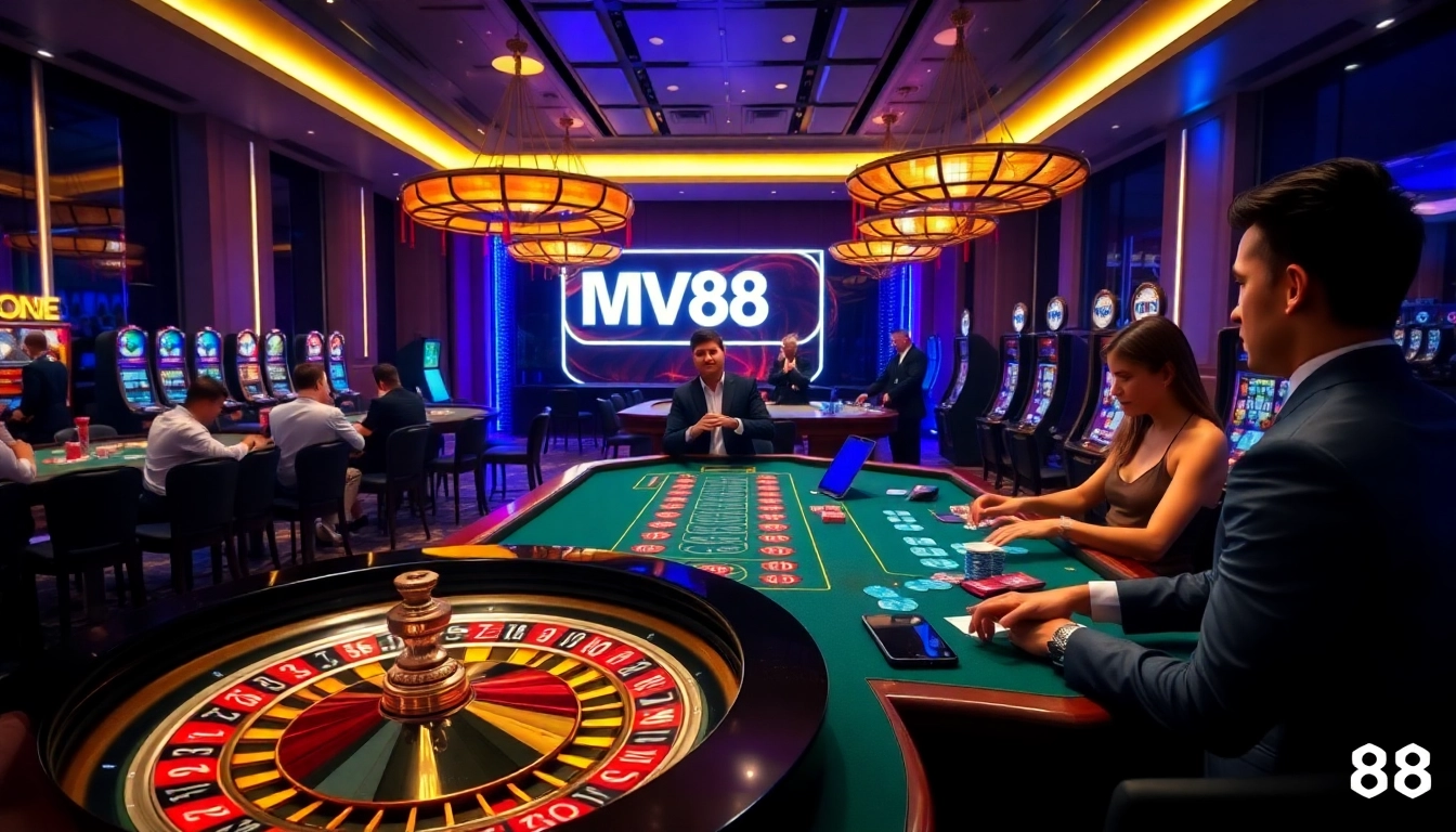 Experience the thrill of casino games at mv88 with vibrant roulette wheels and lively players.