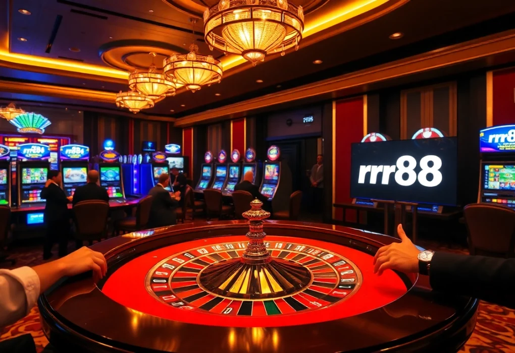 rr88 đăng nhập at a luxurious casino table with poker chips and roulette wheel excitement