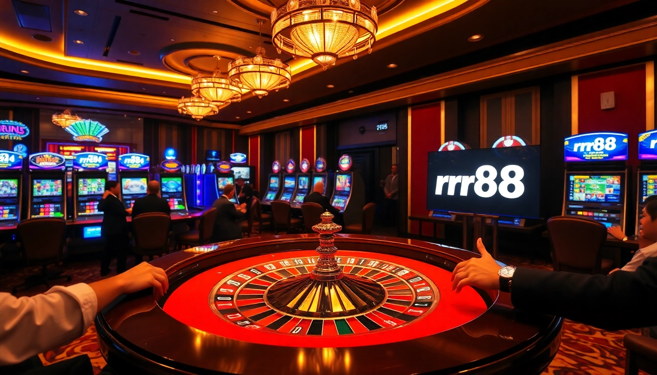 rr88 đăng nhập at a luxurious casino table with poker chips and roulette wheel excitement