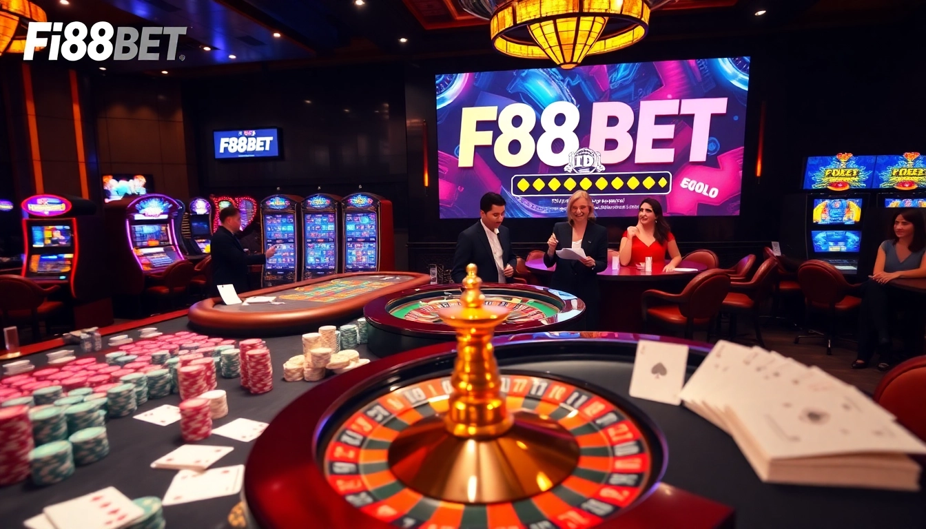 Exciting F88BET casino scene with vibrant tables, chips, and slot machines.