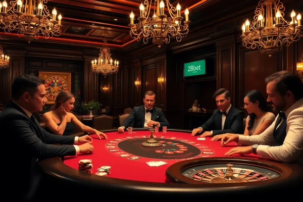 Players enjoying a high-stakes poker game at 28bet casino with warmth and luxury ambiance.