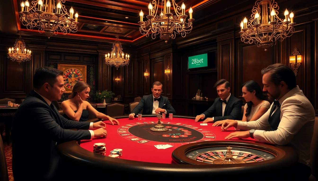 Players enjoying a high-stakes poker game at 28bet casino with warmth and luxury ambiance.