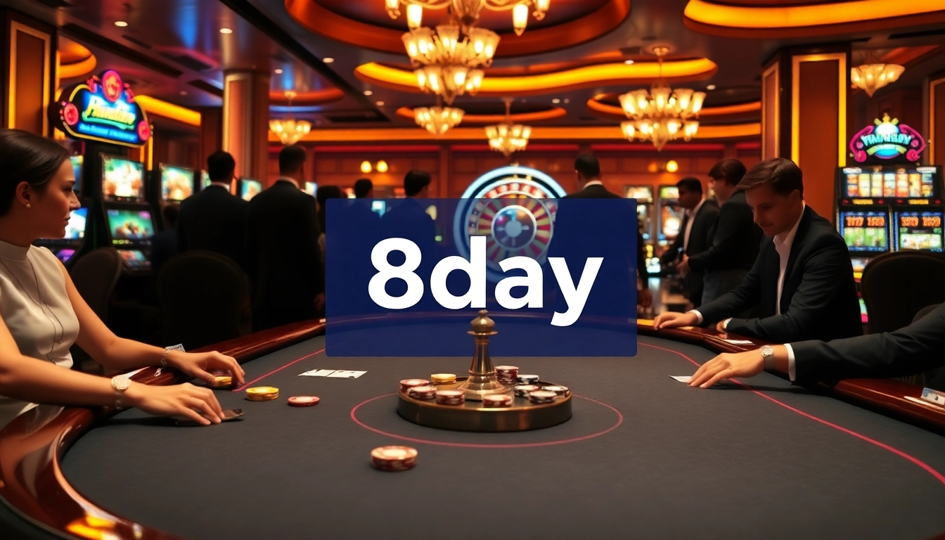Captivating casino scene at 8day showcasing poker tables, roulette wheels, and slot machines.