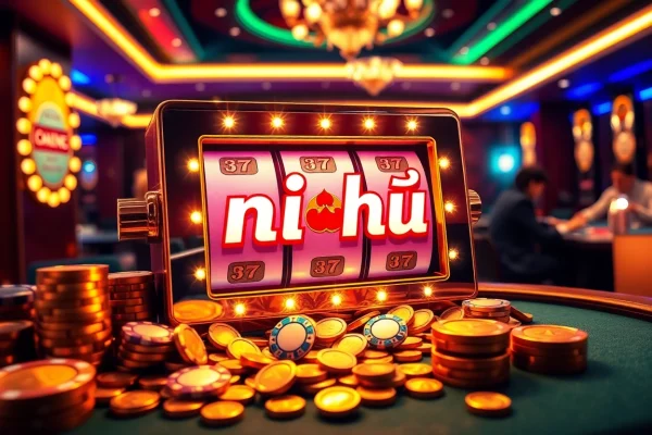 Nổ hũ slot machine attracting players with vibrant chips and neon lights.
