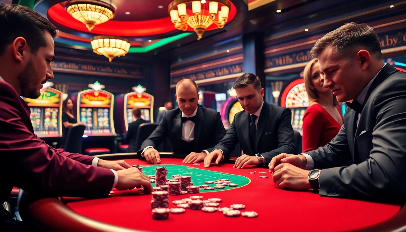 Engaging gamblers with Plagiat Scanner Bachelorarbeit at a high-stakes poker table surrounded by vibrant casino elements.
